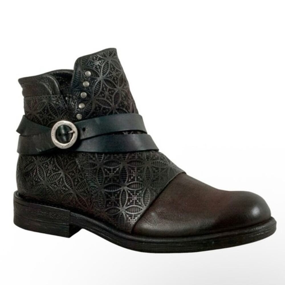 Miz Mooz Pixie Boots Ankle Booties Black Sliver Moto Style Boots Leather Straps